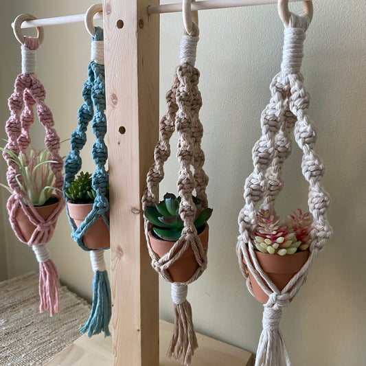 Mini Spiral Knotted Macrame Plant Hanger with Artificial Succulent/ Car Mirror Decor