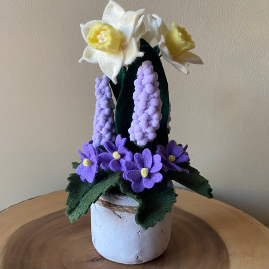 Handmade Felt & Fibre Daffodil & Grape Hyacinth (Muscari) and Primrose in Cement Pot