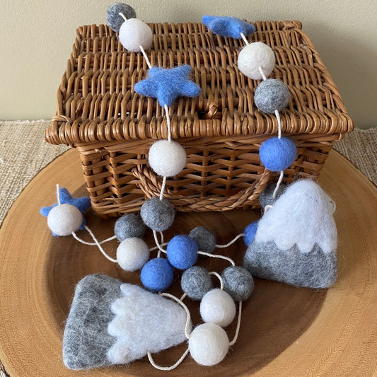 Mountain and Star Felt Garland Light Blue & Heather Grey