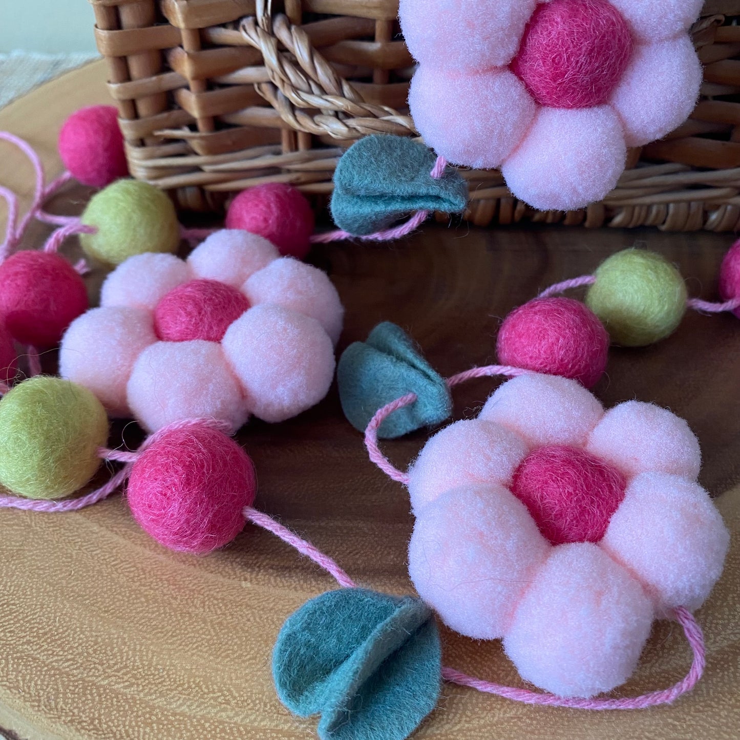 Bright Pink Spring Flower and Leaf Garland